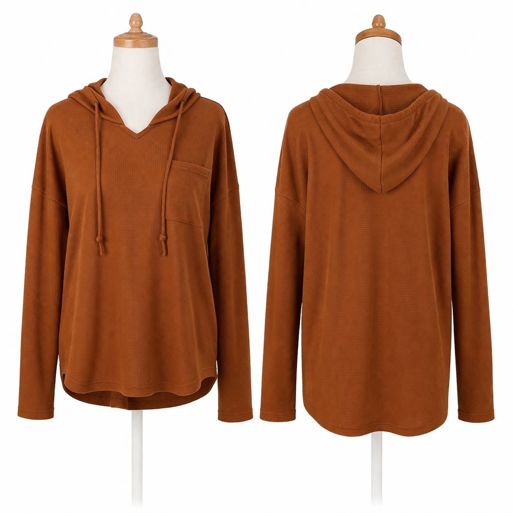Rust Orange Hooded Long Sleeve Top Size XL Waffle Knit Pocket